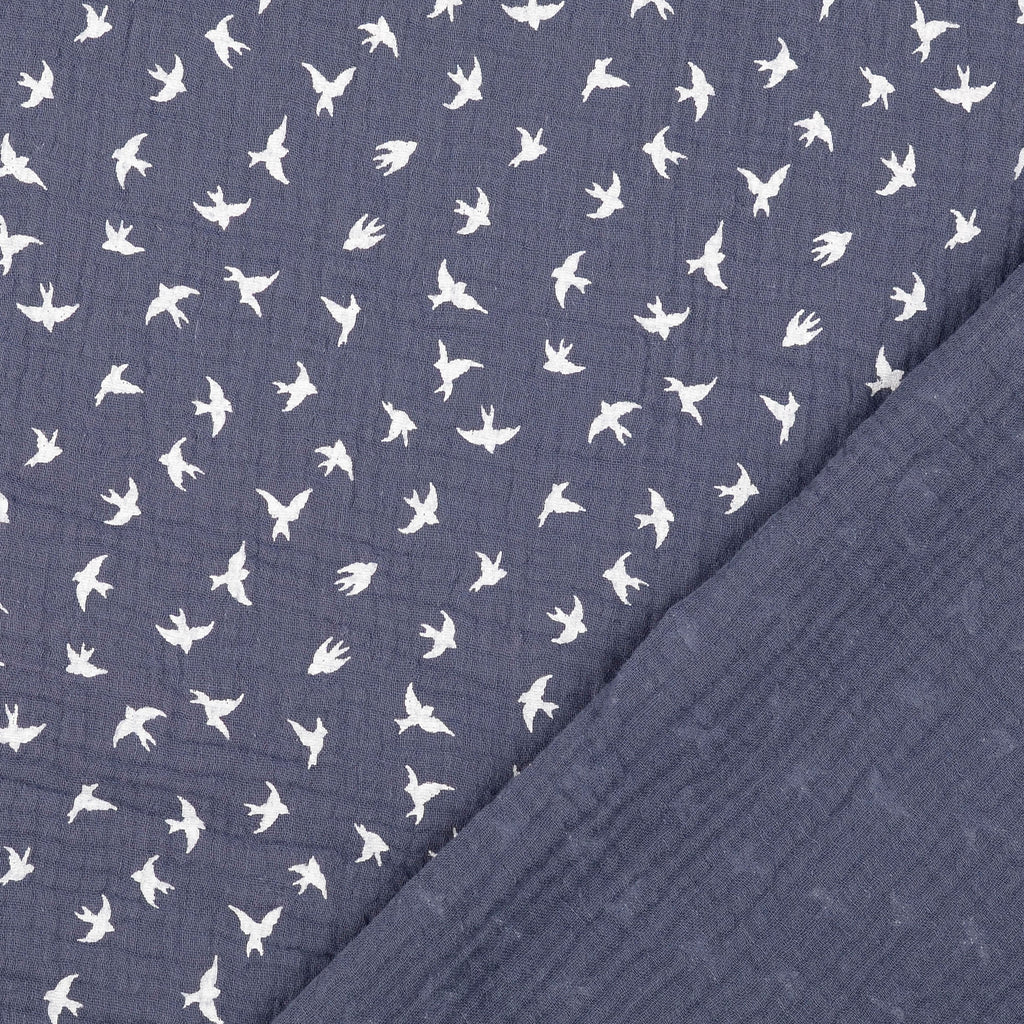 Musselin navy - Vögel weiss