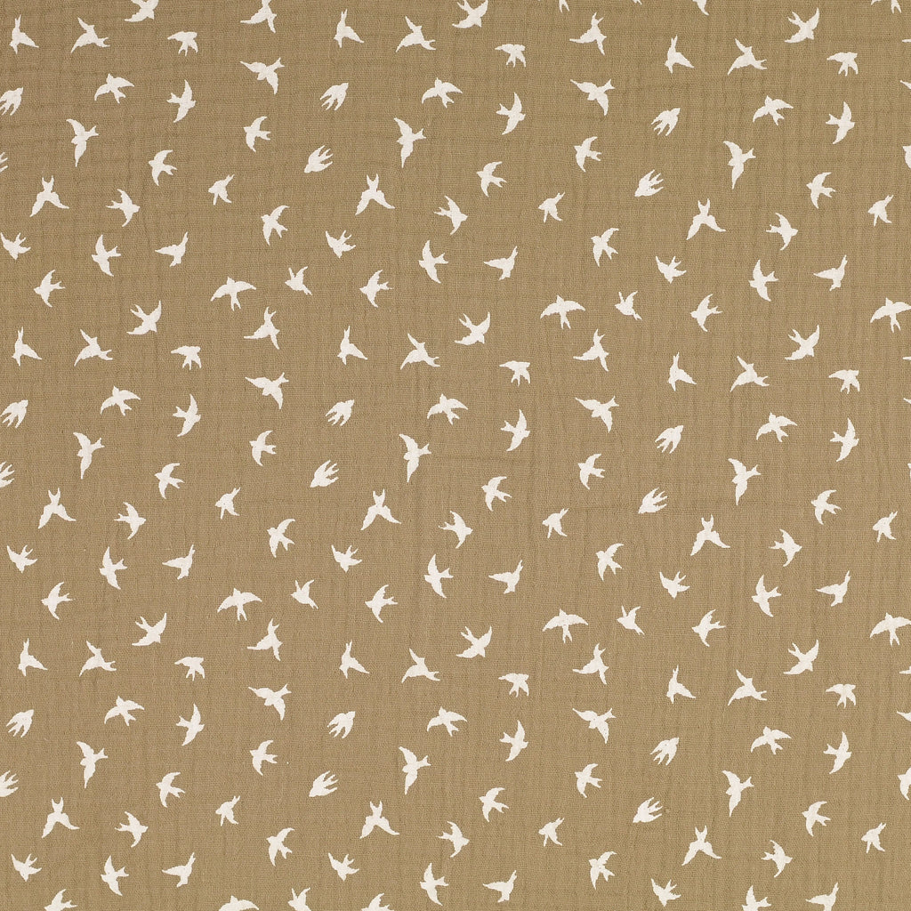 Musselin beige - Vögel weiss