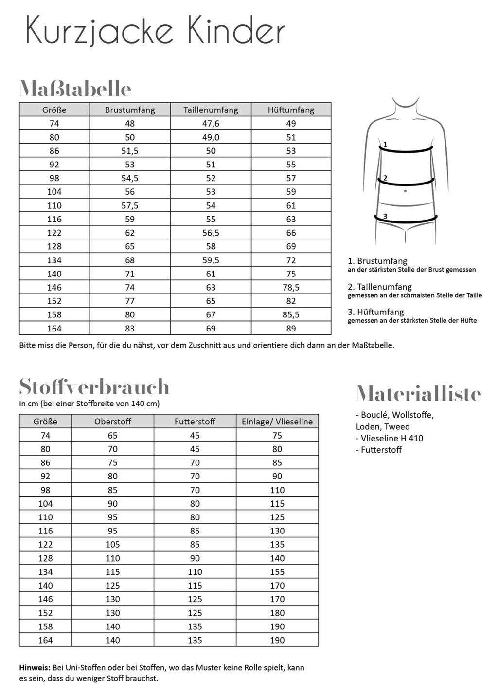 Papierschnittmuster Kurzjacke Kinder