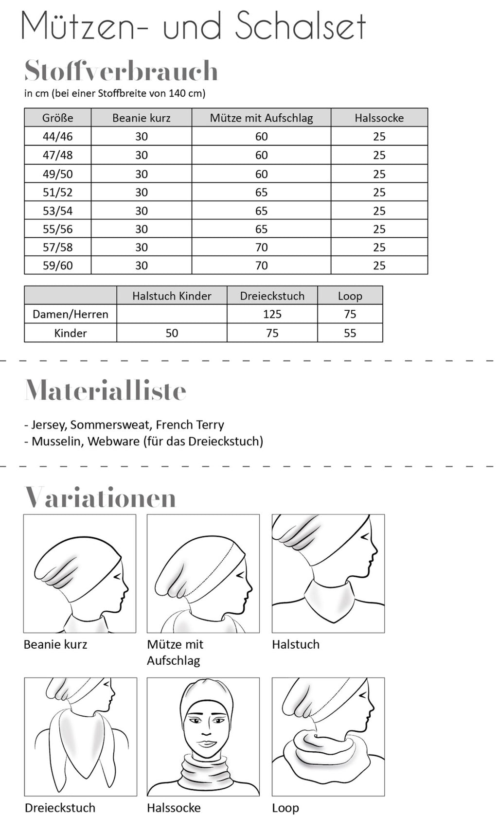 Papierschnittmuster Mützen- & Schalset Damen, Herren, Kinder