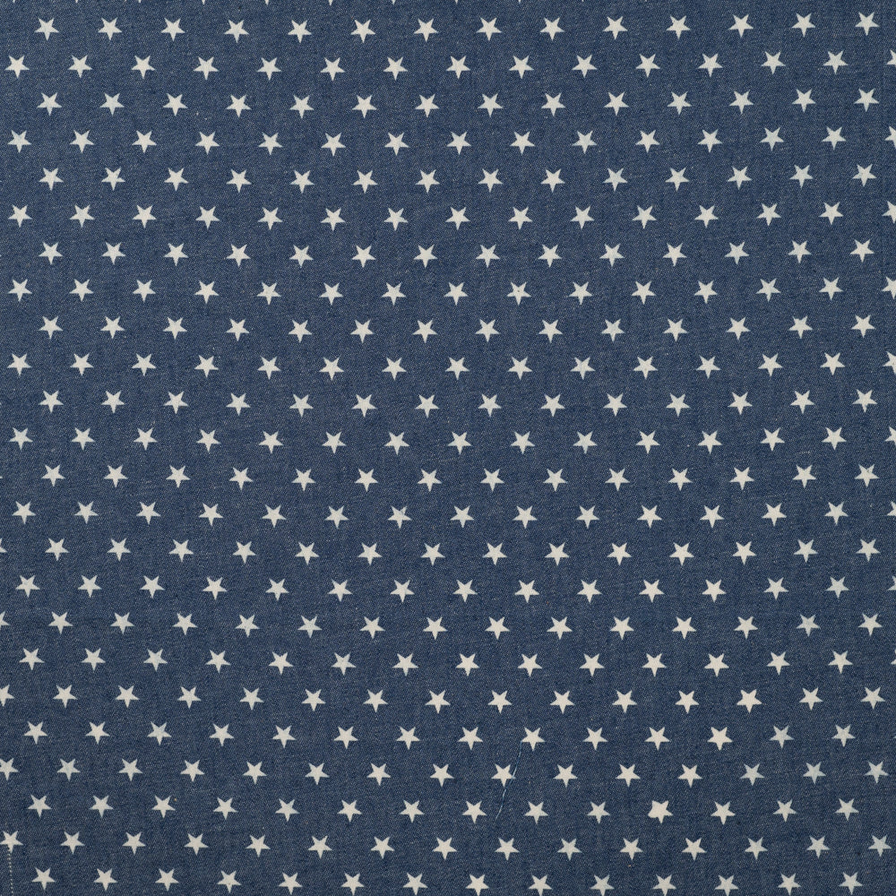 Leichter Jeansstoff Chambray Kleine Sterne weiß auf Jeansblau