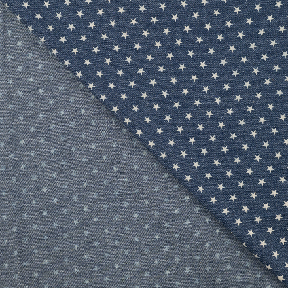 Leichter Jeansstoff Chambray Kleine Sterne weiß auf Jeansblau