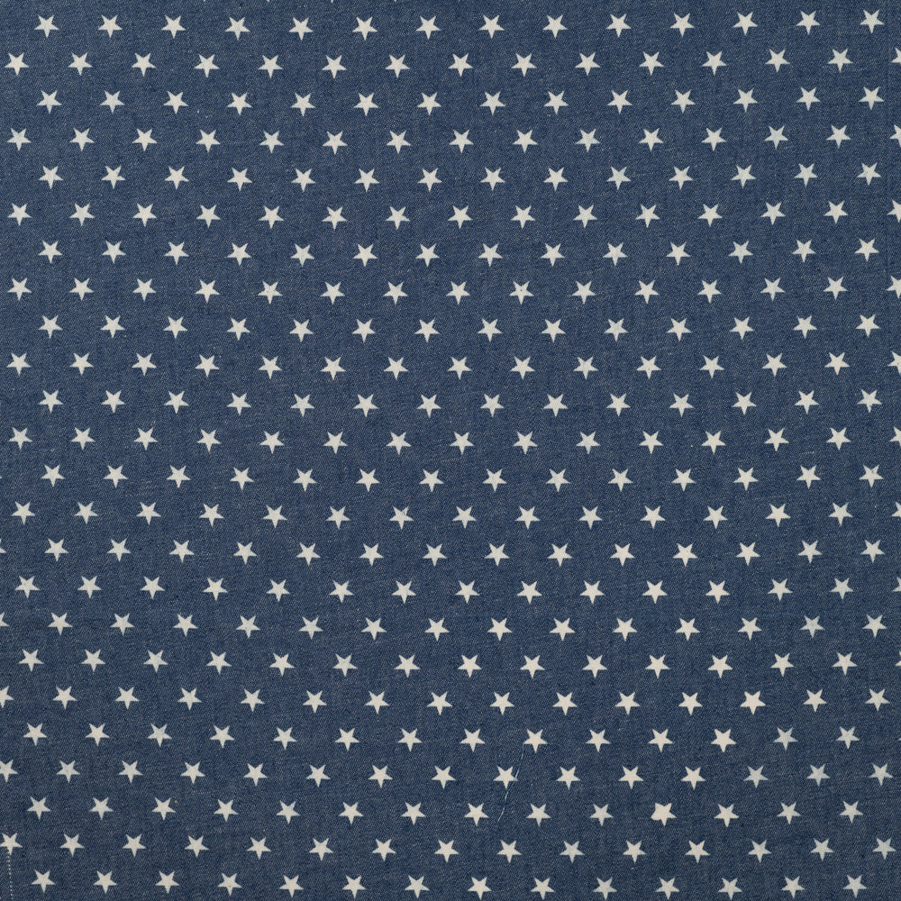 Leichter Jeansstoff Chambray Kleine Sterne weiß auf Jeansblau