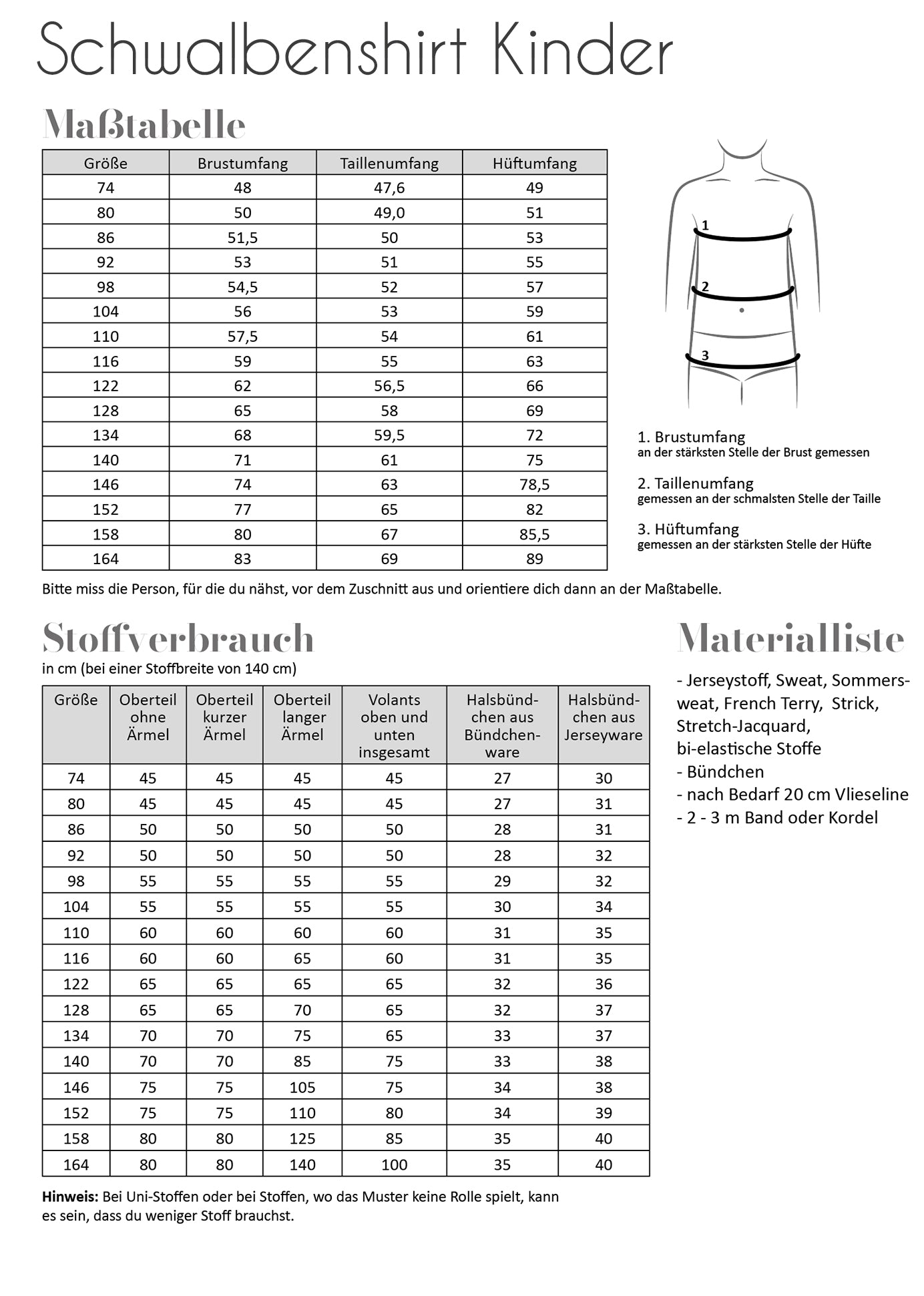 Papierschnittmuster Schwalbenshirt Kinder