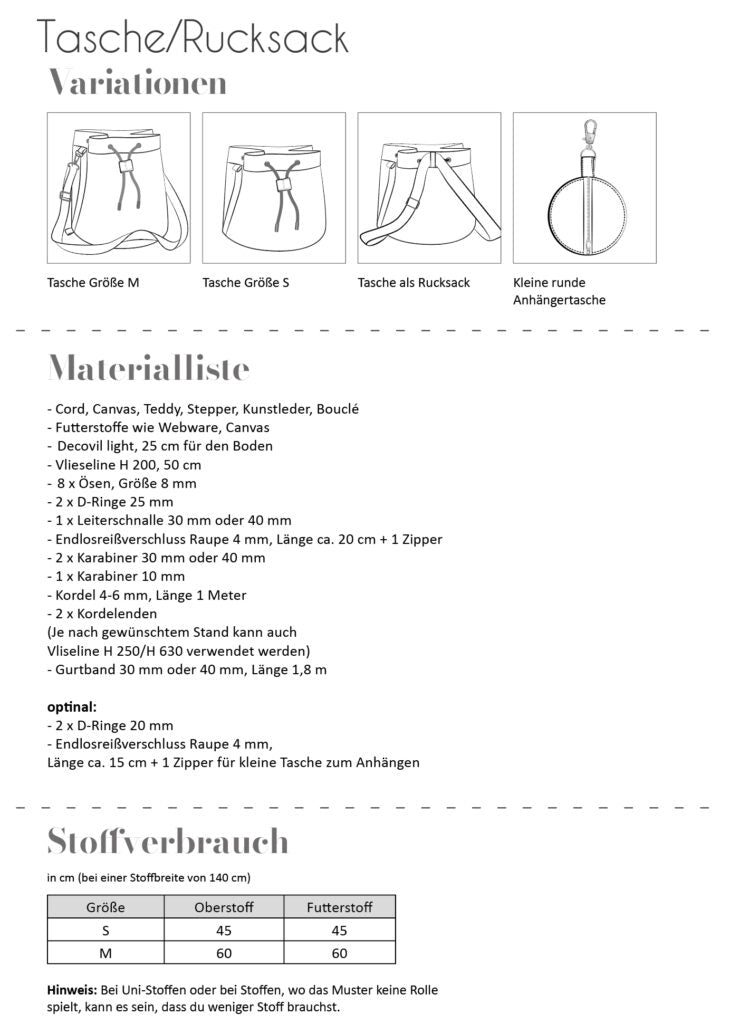 Papierschnittmuster Tasche Rucksack