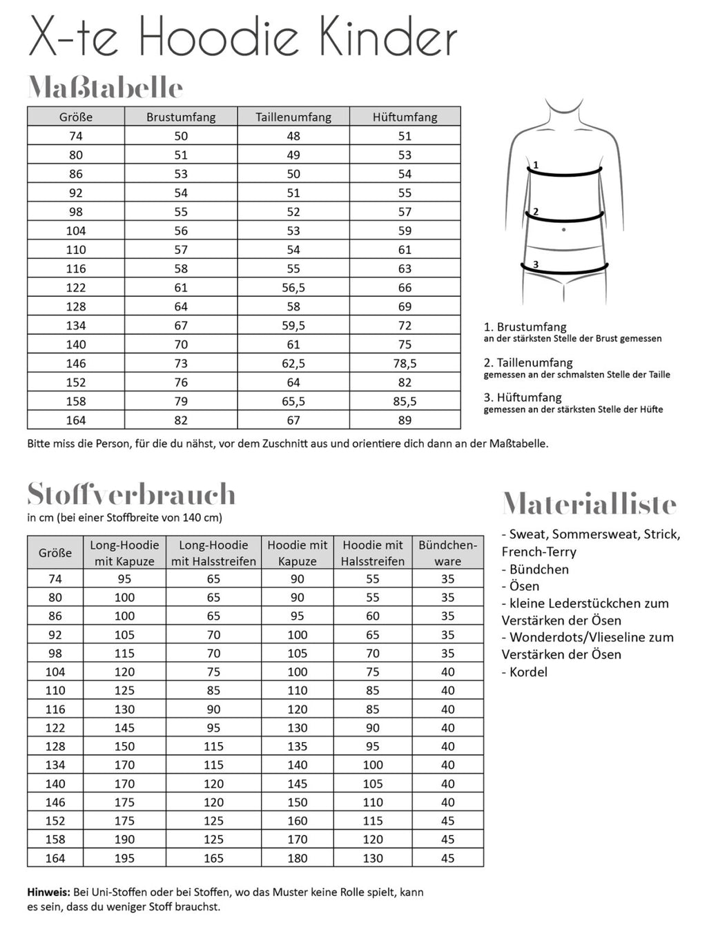 Papierschnittmuster X-te Hoodie Kinder